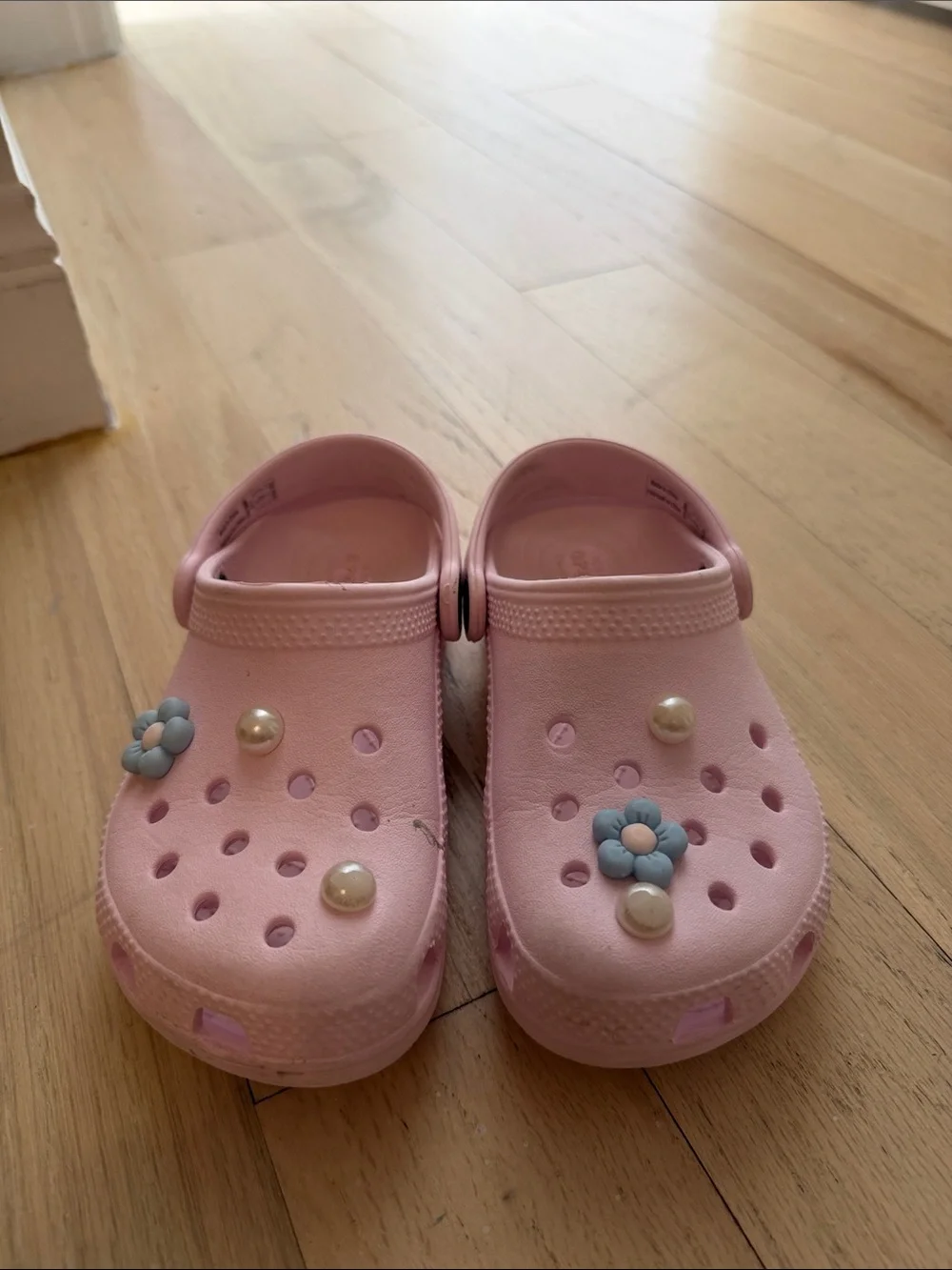 CROCS Kids Light Pink Slip-On Clogs with Flower and Pearl Charms